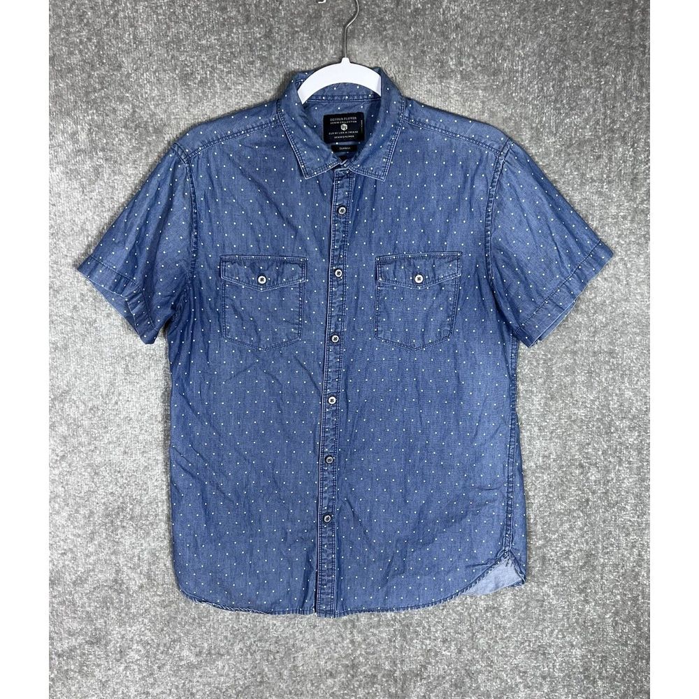 Denim & Flower Denim‎ Polka Dot Button Up Shirt Mens Sz M Slim Fit Blue Chambray